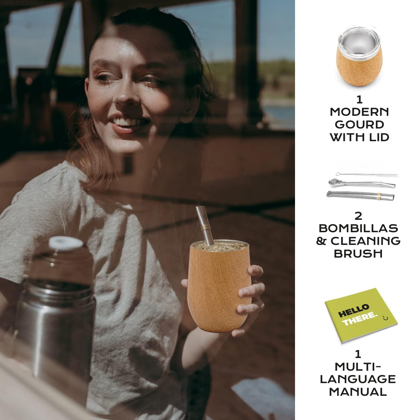 BALIBETOV 5 pcs large Yerba Mate Cup and Bombilla Kit, Includes one 12 oz Yerba Mate Gourd with Lid, Two Bombillas Mate Straw and one cleaning brush | Stainless steel | Double Walled