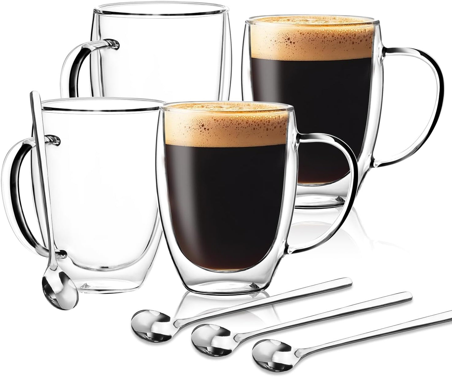 Double Wall Glass Coffee Mugs 12 OZ, Clear Coffee Cup With Handle,Insulated Coffee Mugs Set of 4 With Spoons Perfect for Espresso, Cappuccino, Latte, American,Tea Bag, Beverage