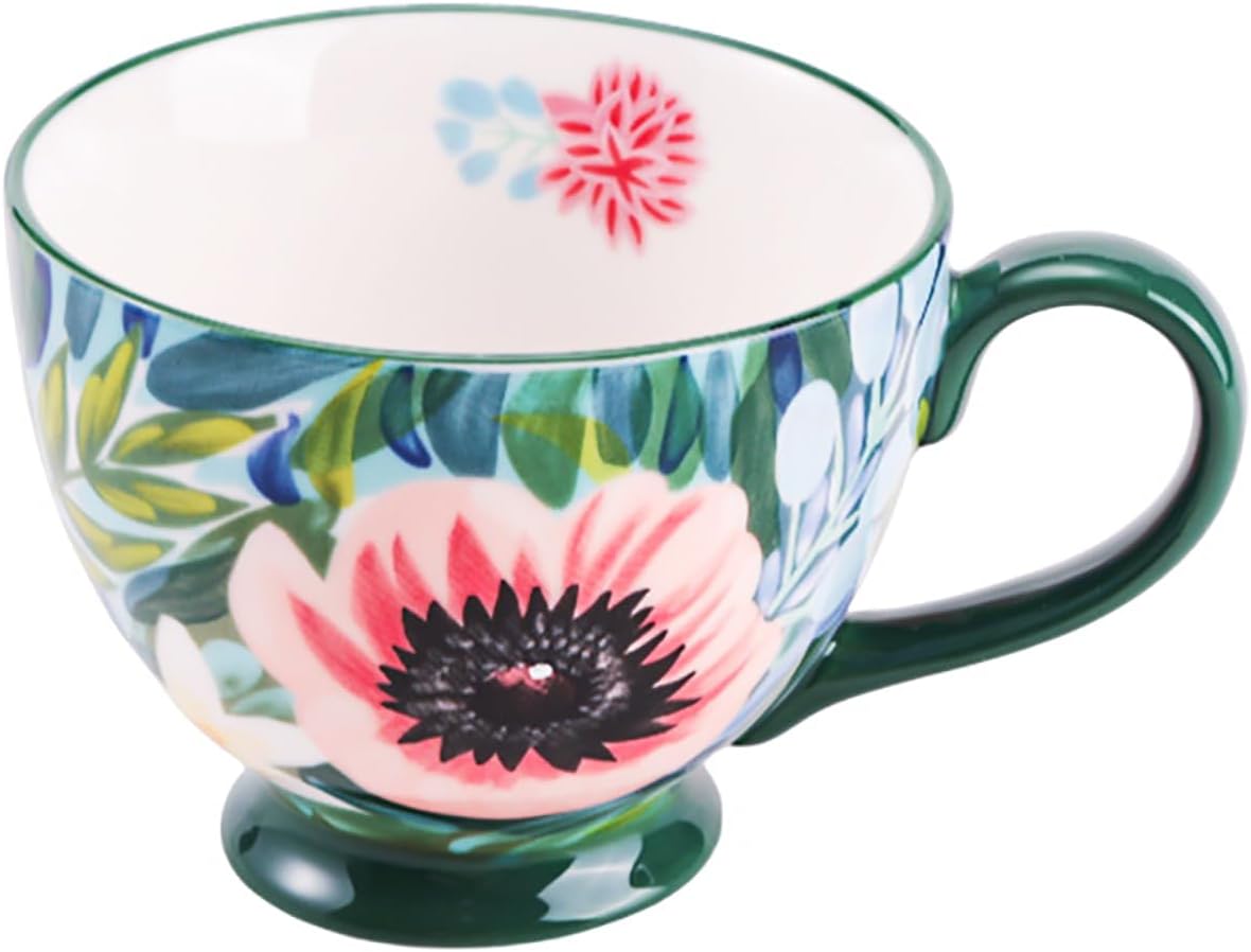 Vintage Flower Mugs β Large Ceramic Coffee Mug (15oz) β Cute Cereal Cup for Breakfast, Oatmeal Tea & Hot Drinks β Handmade Ceramic Cup with Floral Design