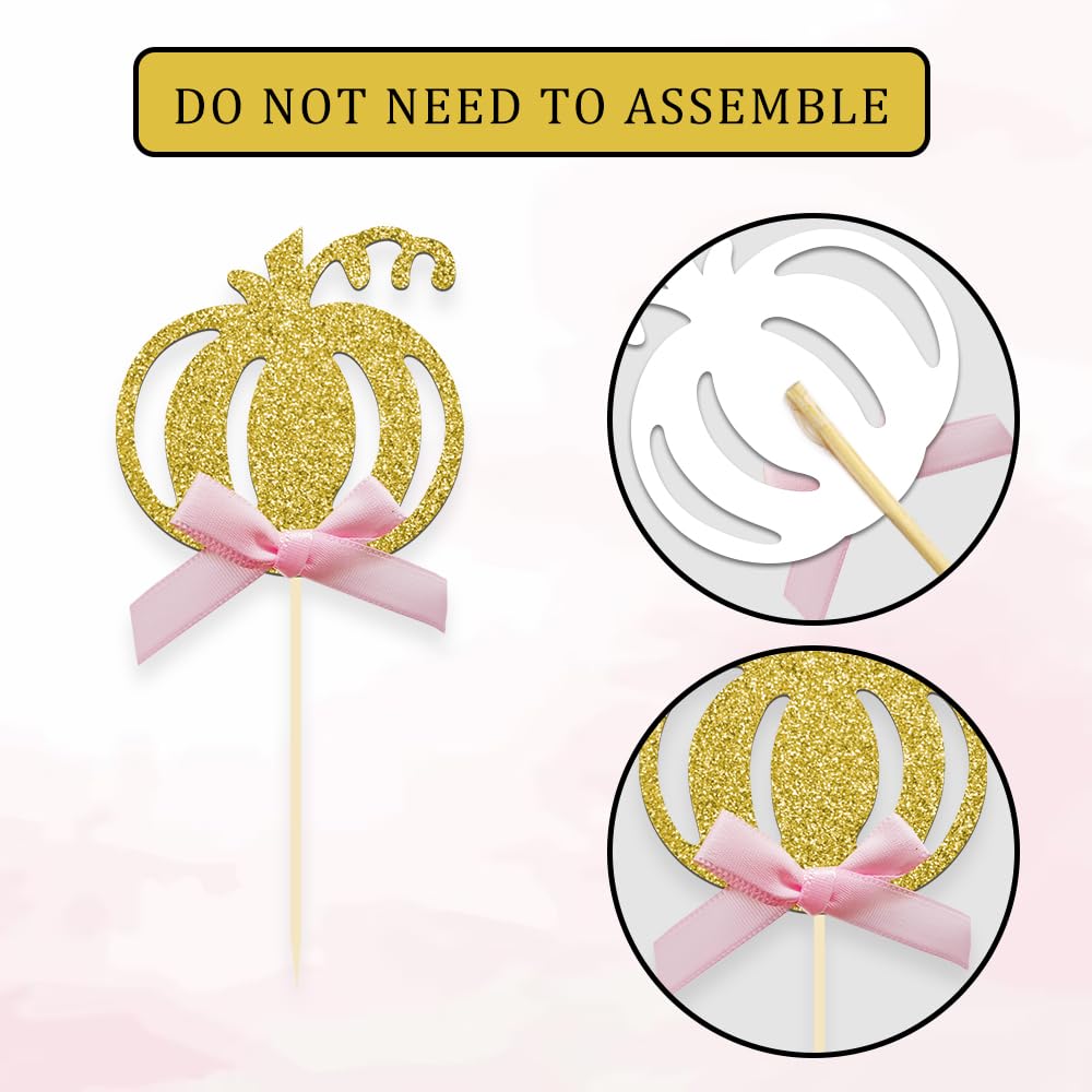 Pumpkin Cupcake Topper Fall Theme Cake Decoration for Pumpkin Themed Baby Shower Party Supplies, Pumpkin Food Pick - Set of 24 (Pink Bow)