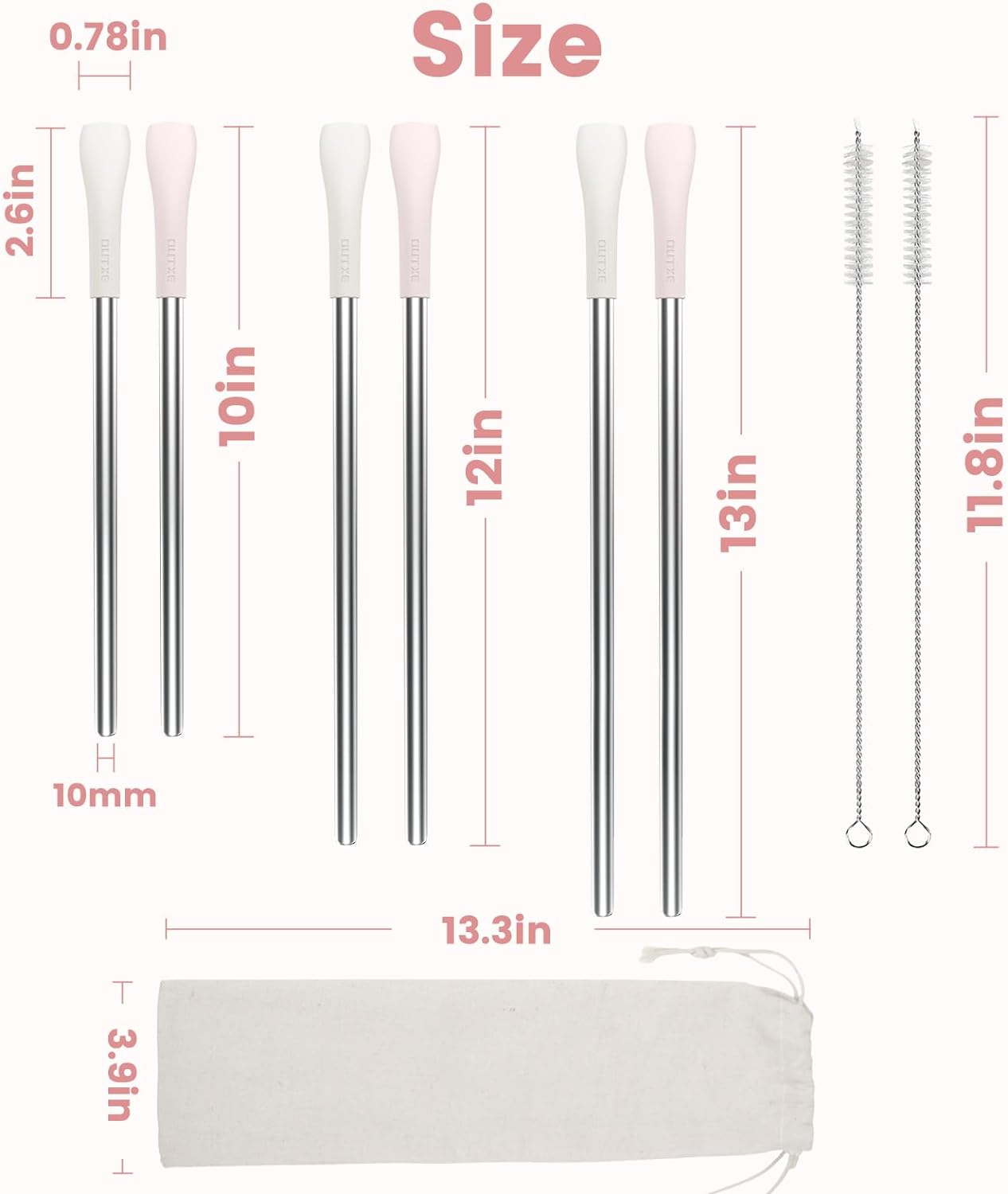 OUTXE Anti Wrinkle Straw 6 Pcs, Flat Wide Drinking Straw for Stanley Cup 40 oz 30 oz, Reusable Wrinkle Free Long Stainless Steel Metal Straw for Lip with Cleaning Brush and Carrying Bag