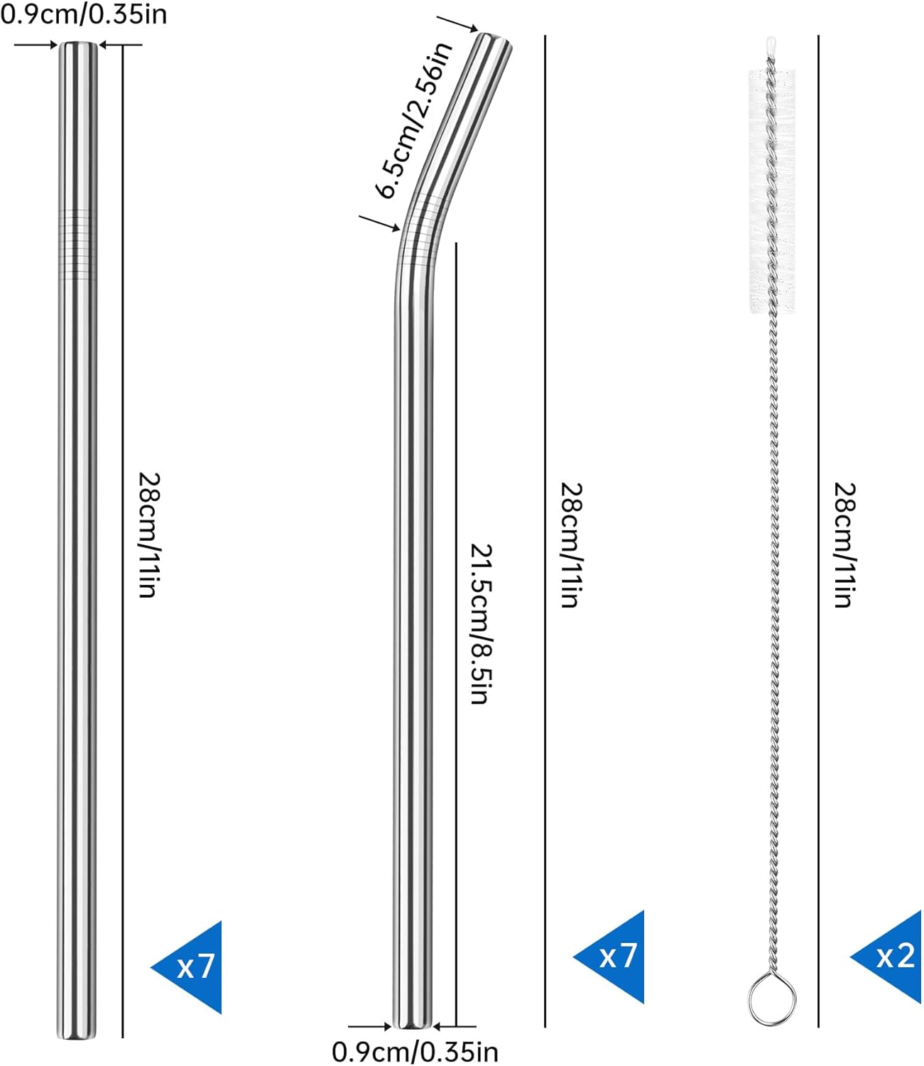Tomorotec 30oz Straws, 11" Stainless Steel Straw 14PCS for 30oz Stanley Tumbler, 0.35"/9mm Diameter Sleek Metallic Finish- 7 Straight, 7 Bent Straws & 2 Brushes, Dishwasher Safe, 304 Food-Grade
