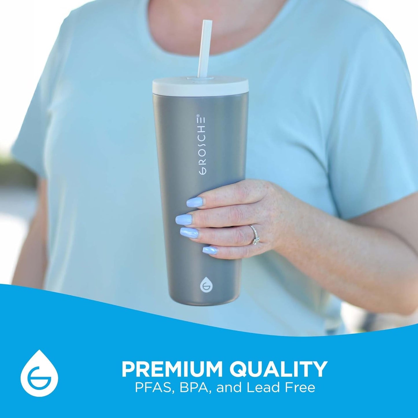 GROSCHE Jasper Insulated Stainless Steel Tumbler With Straw – Travel Cup with Lid, Extreme Insulation & Sleek Design, 23 oz - Grey