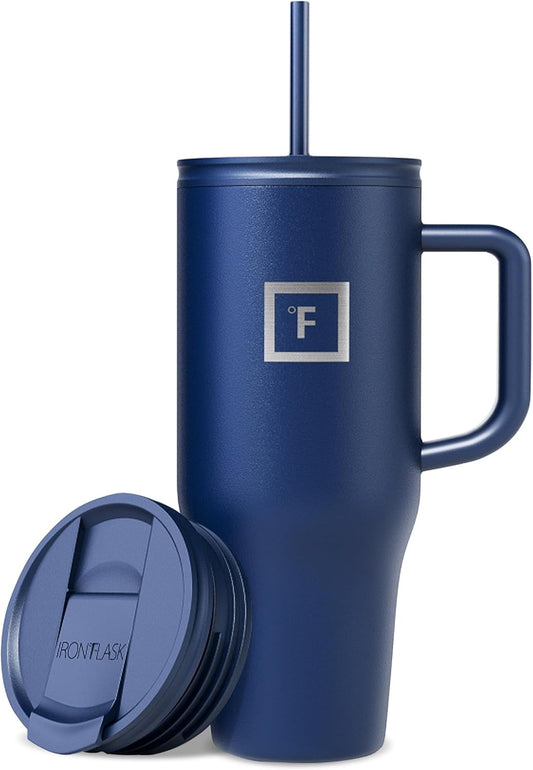 IRON °FLASK Co-Pilot Insulated Mug w/Straw & Flip Cap Lids - Cup Holder Bottle for Hot, Cold Drink - Leak-Proof - Water, Coffee Portable Travel Mug - Twilight Blue, 32 Oz