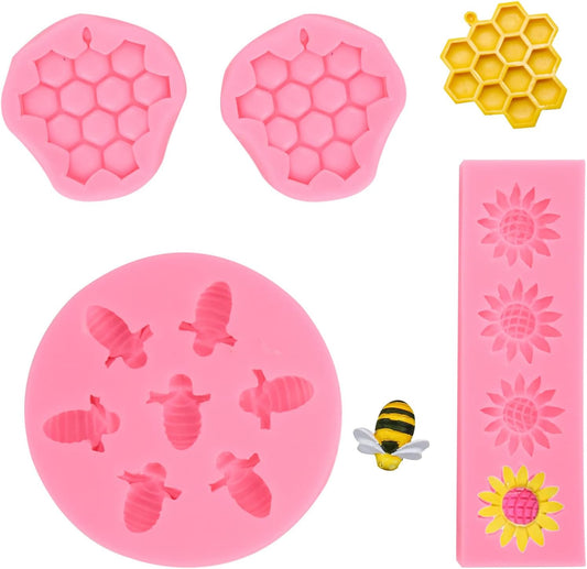 4 Pcs Bumble Bee Silicone Molds Kit with Honeycomb, Bee and Sunflower, Fondant, Chocolate, Cupcake, Cake Decorating, Candy Molds(Pink)