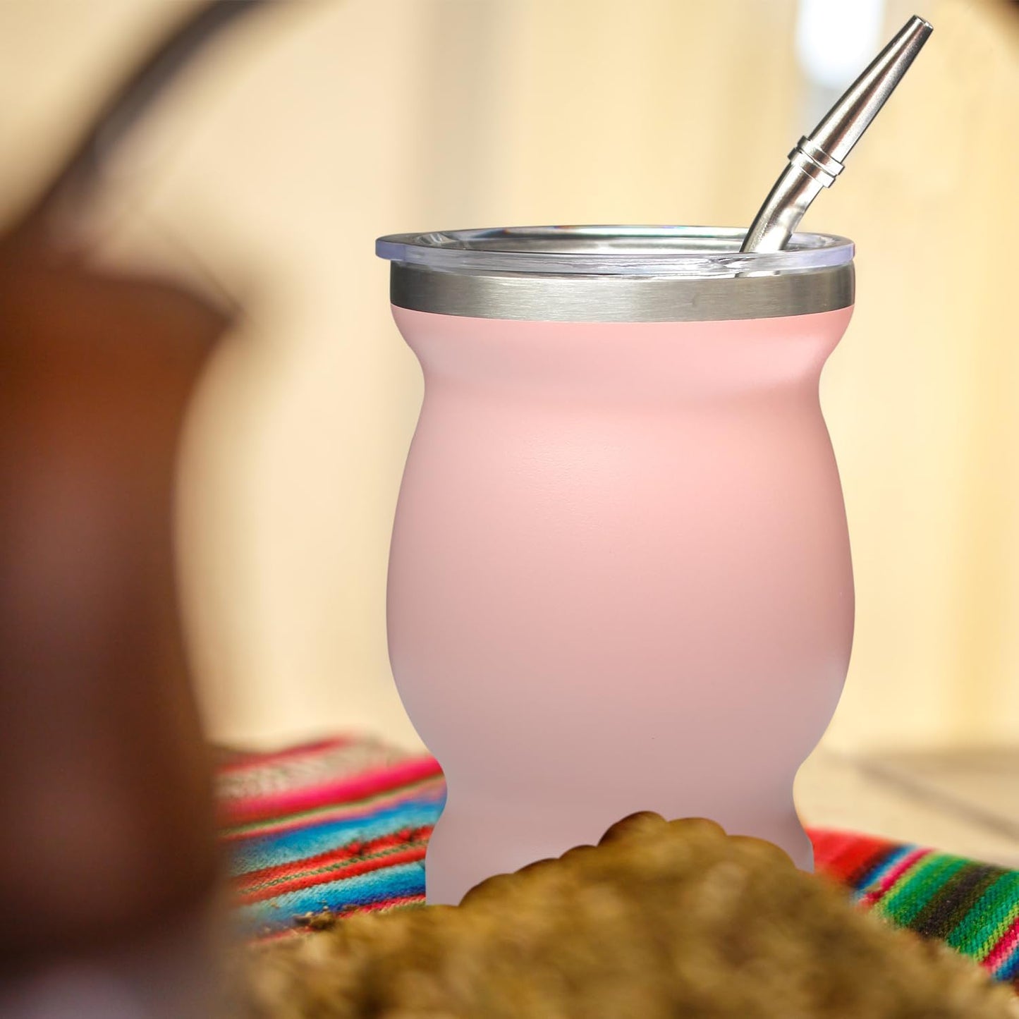 Beruth Bombilla Yerba Mate Gourd, 8oz Stainless Steel Tea Cup Set with a Multifunctional Lid, Two Straws and Cleaning Brushes, Double Walled Coffee Mug Heat Insulation Anti Scalding (Peachy Pink)