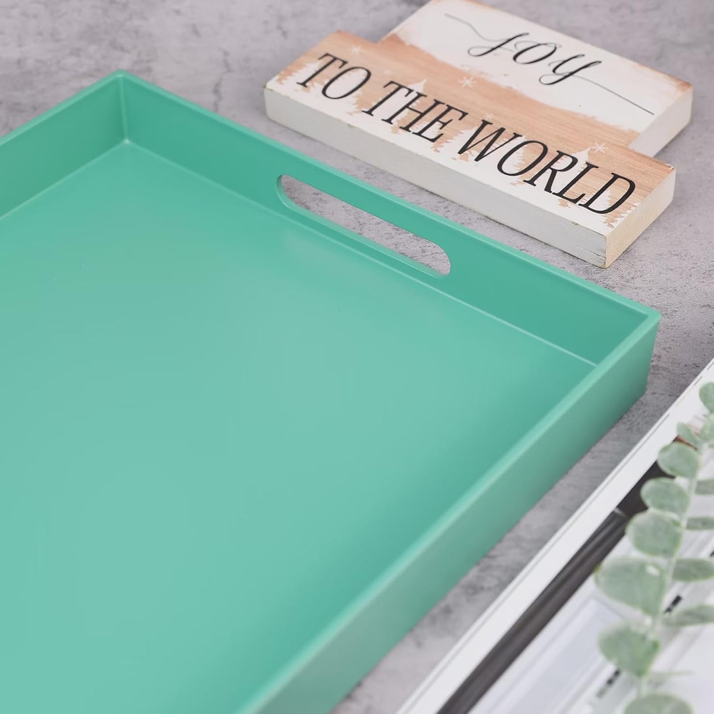Green Serving Tray for Coffee Table, Rectangular Plastic Decorative Tray with Handles for Entertaining, Outdoor Patio, Living Room, Ottoman, Bathroom Counter, 11.8”*15.7”*1.6”