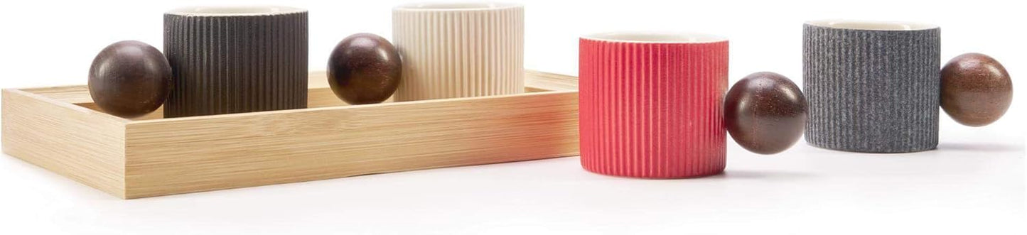 Ceramic Mini Espresso Cups Demitasse Cups with Round Wooden Handle Vertical Stripes Tea Cups (Black/White, 2pcs)