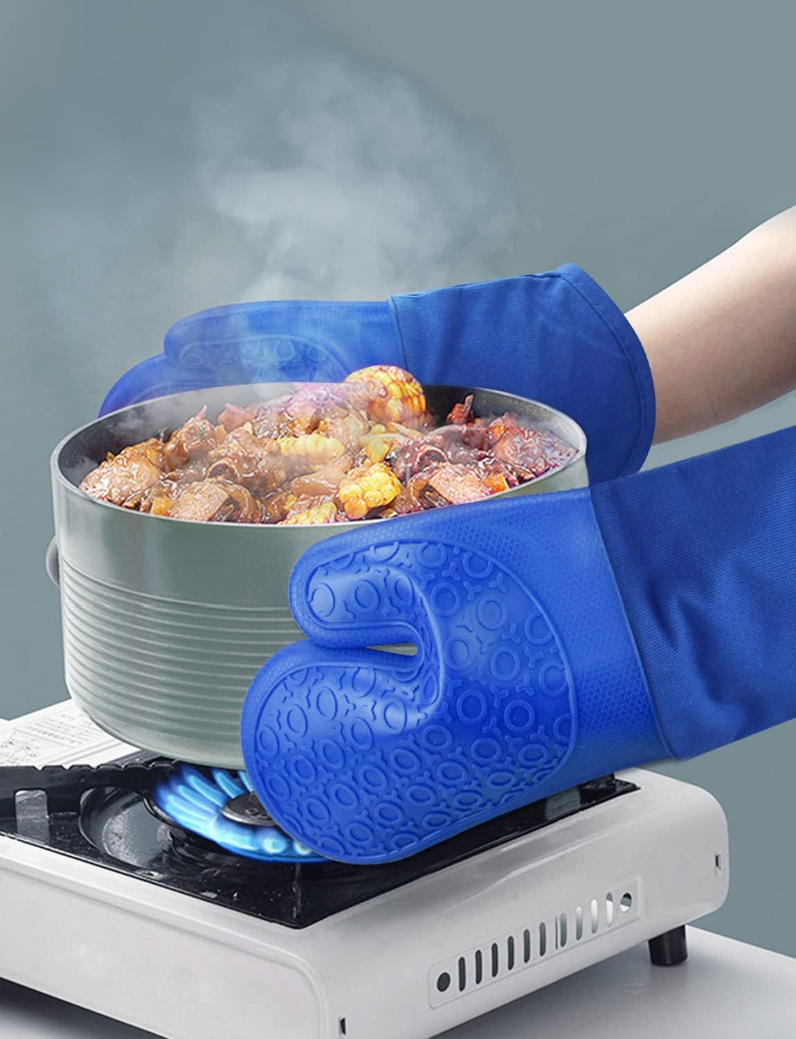 sungwoo Silicone Oven Mitts, Heat Resistant Oven Gloves with Quilted Liner Non-Slip Textured Grip Perfect for BBQ, Baking, Cooking and Grilling - 1 Pair 13.8 Inch Royal Blue