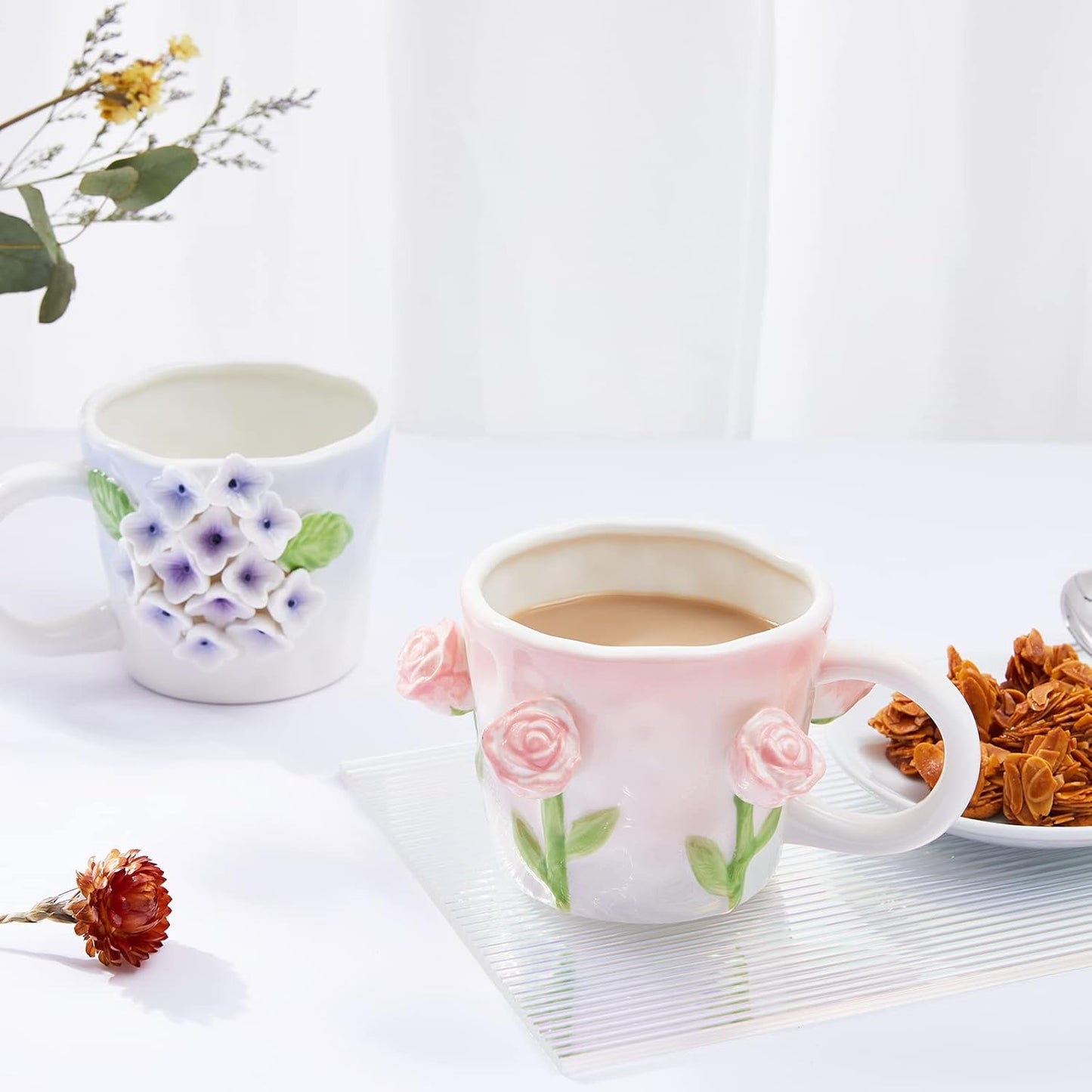 3D Flower Coffee Mug Pink Rose Ceramic Cup,12 oz Cute Handmade Mugs,Christmas Birthday Surprise for Friends Family or Flower Lovers (Pink Rose)