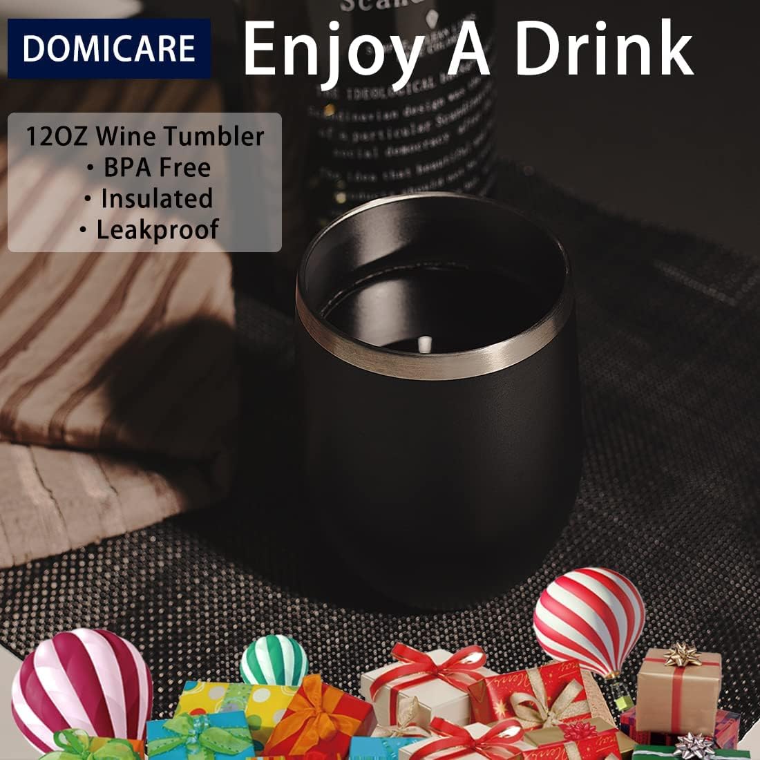DOMICARE Stainless Steel Wine Tumbler Bulk with Lid, Personalized Insulated Tumblers Set, 12oz Travel Coffee Cups Pack of 16, Black