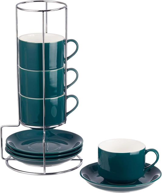 8 Ounce Porcelain Cappuccino Cups with Saucers and Silver Stand, Green Cups Set of 4