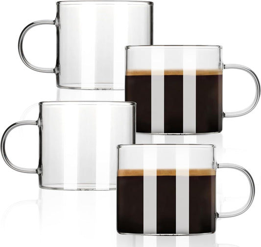 Espresso Cups Set of 4, 5 oz Small Shot Glasses with Handle, Clear Demitasse Mugs for Double Espresso or Tea, Coffee Machine Accessories