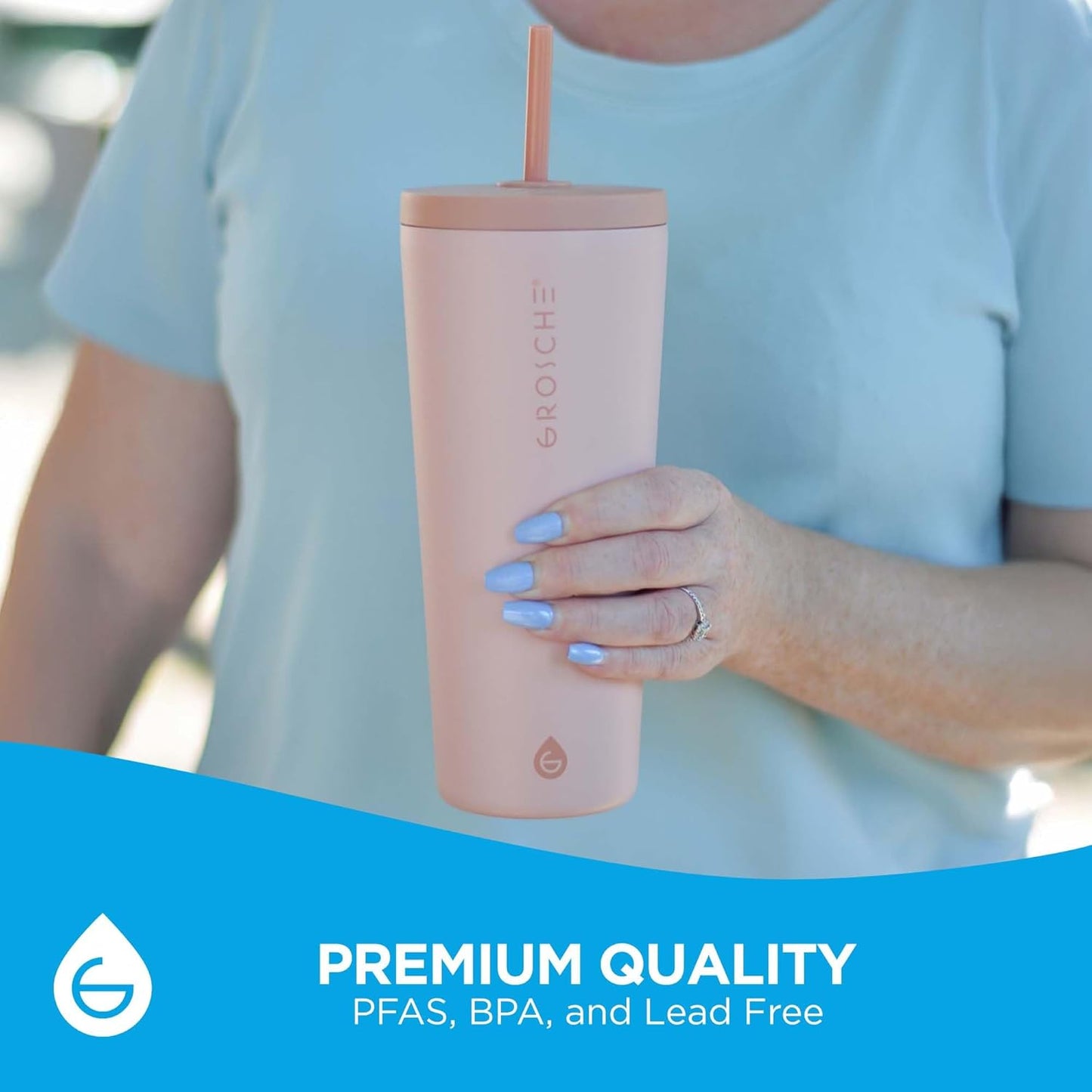 GROSCHE Jasper Insulated Stainless Steel Tumbler With Straw – Travel Cup with Lid, Extreme Insulation & Sleek Design, 23 oz - Pink