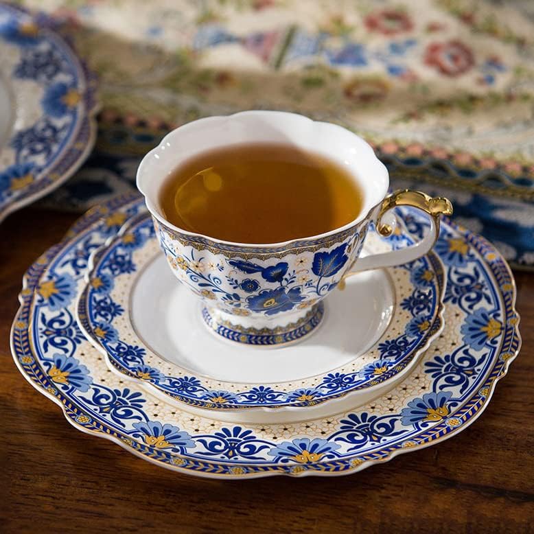 ACMLIFE Bone China Tea Cups and Saucers, 6.8 oz Tea Cup and Saucer Set, with Gold Trim and Gift Box, Blue and White (Blue-D)