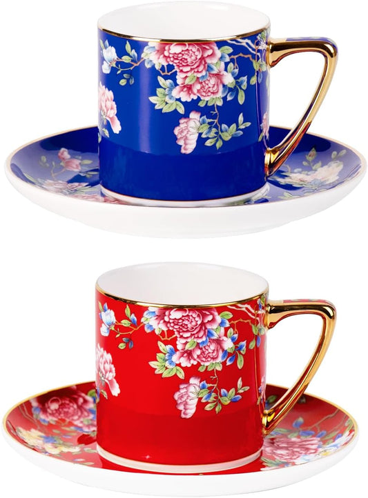 KAMMAK Tea Cups and Saucers Set of 2, Porcelain Coffee Cups with Saucer for Espresso, Cappuccino, 7.5oz Vintage Red and Blue Ceramic Demitasse Mug for Home, Tea Party, Office