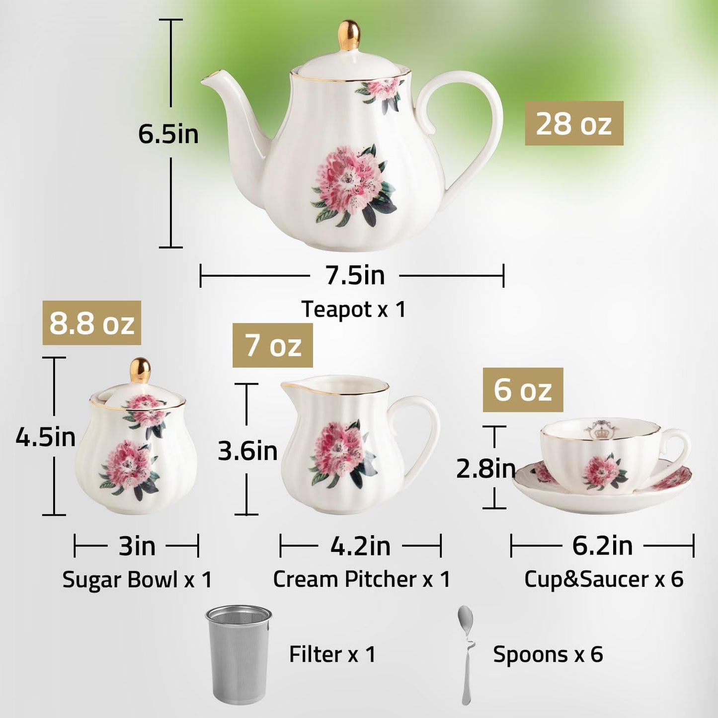 Porcelain Tea Sets British Royal Series, 8 OZ Cups & Saucer Service for 6, with Teapot Sugar Bowl Cream Pitcher Teaspoons and Tea Strainer, Suitable for High Tea, Wedding, Party(Spring Flowers)