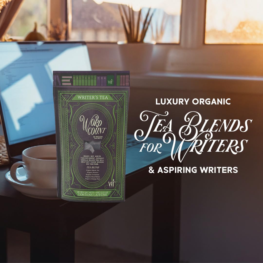 Writer's Tea Word Count - Energy Tea - Black Tea, Flavoring, Cinnamon, Rose Petals, and Orange Peel Tea Blend - Contains Caffeine - 20 Woven Sachets