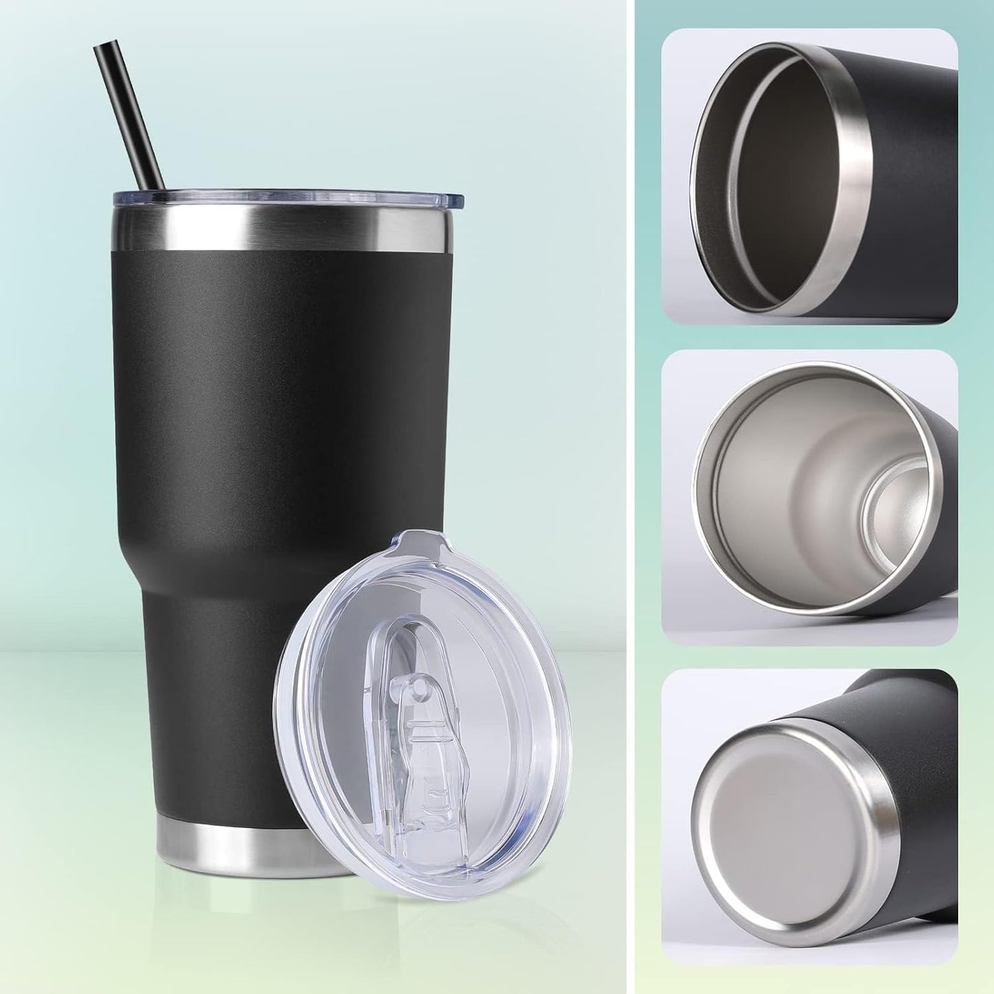 DOMICARE 30oz Tumbler Bulk with Lid and Straw, Double Wall Travel Coffee Mug, Insulated Vacuum Stainless Steel Tumblers, Powder Coated Tumbler Cup (Black, 8)