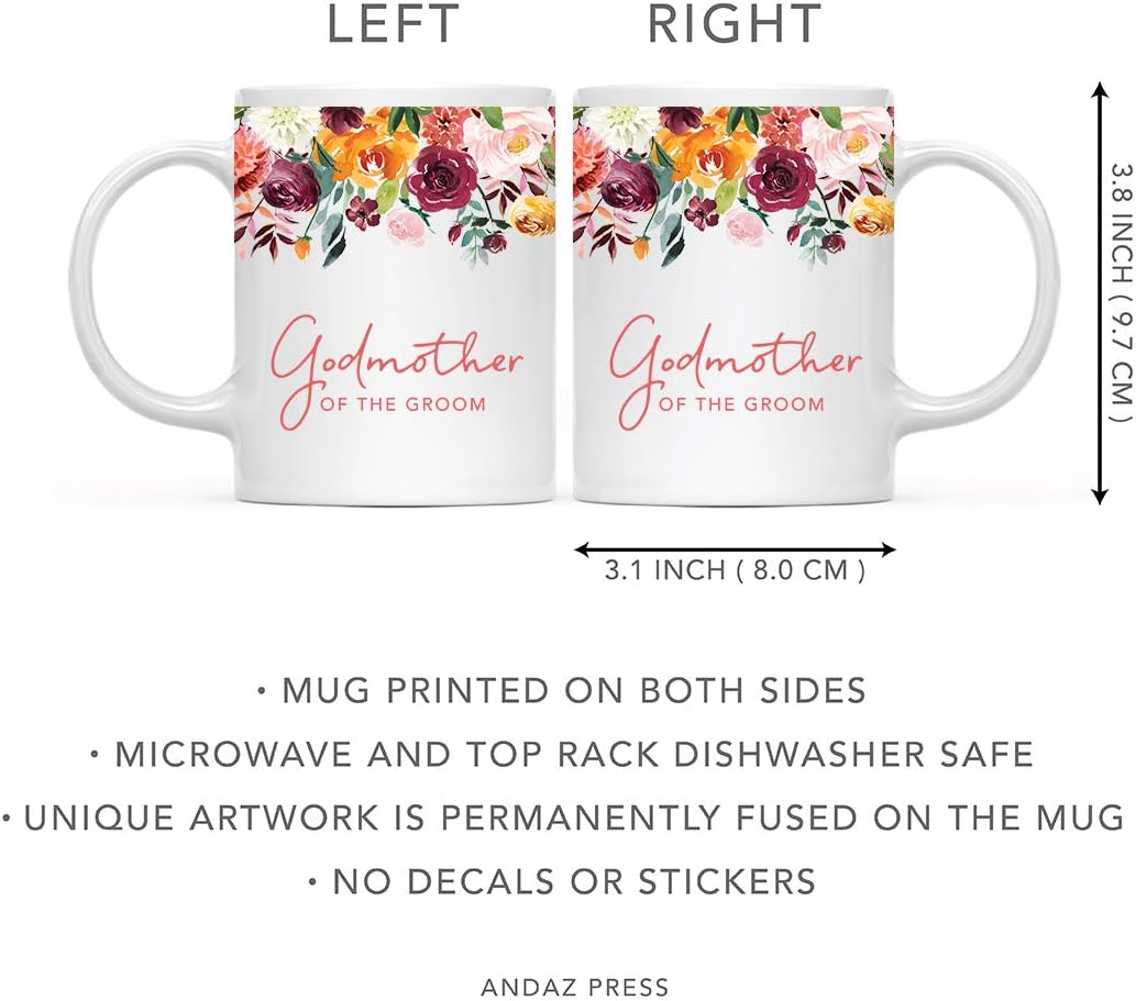 Andaz Press 11oz. Wedding Ceramic Coffee Tea Mug Gift, Fall Autumn Burgundy Orange Peach Flowers Roses Florals, Godmother of the Groom, 1-Pack, Includes Gift Box