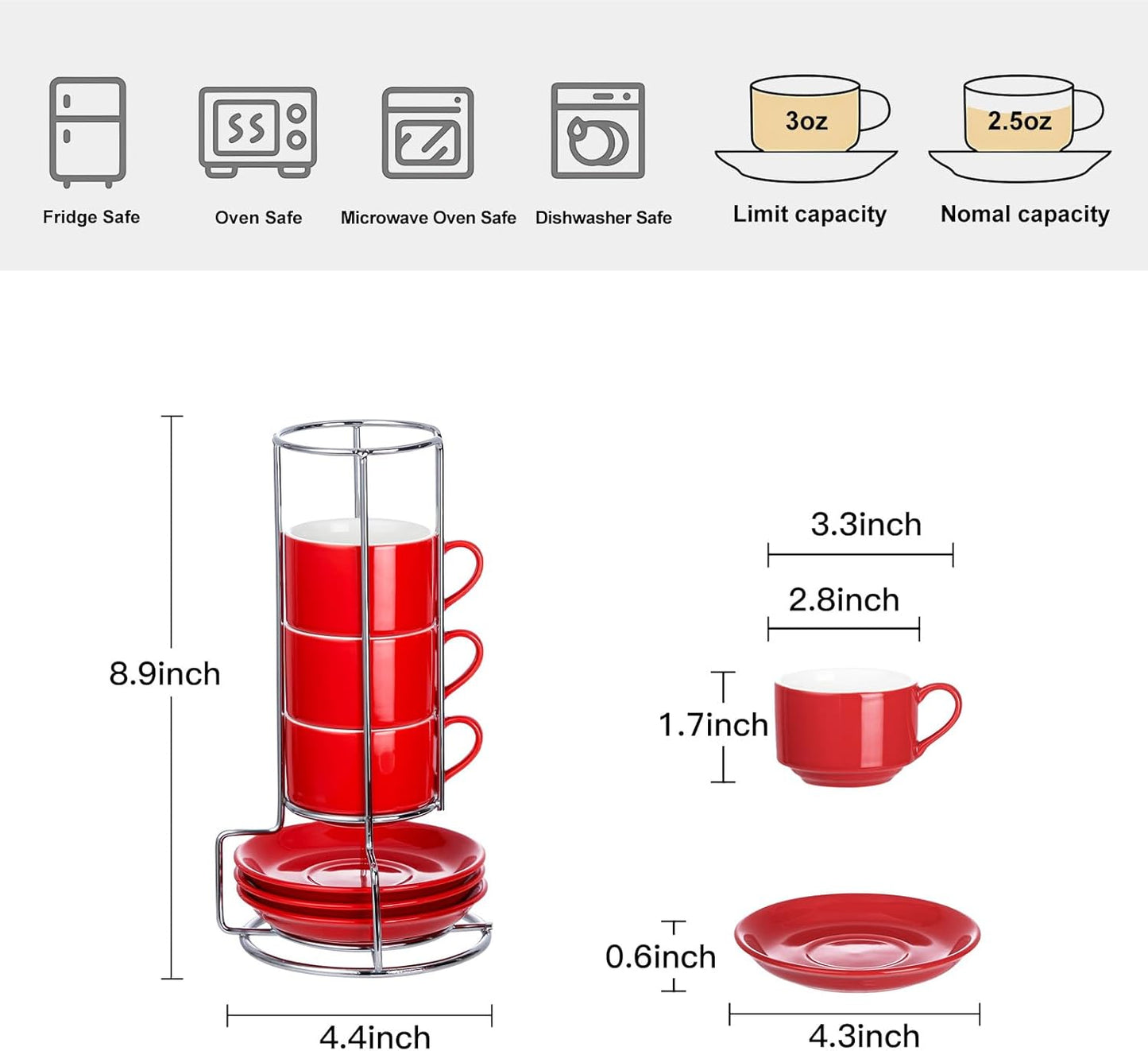 2.5 Ounce Porcelain Espresso Cups with Saucers and Silver Stand, Red Stackable Cups Set of 4