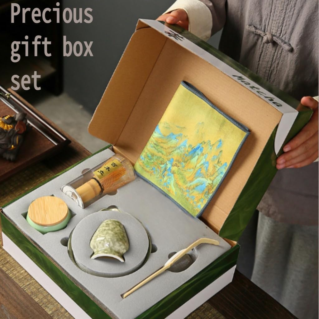 6-Piece Matcha Whisk Set, Japanese Bamboo Chasen, Scoop & Sifter, Traditional Ceremonial Kit with Ceramic Bowl, Whisk Holder Stand, Chakin Cloth (Misty purple)