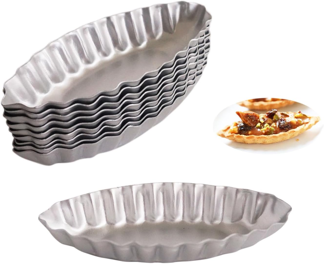 10PCS Aluminum Boat Tart Pan, Fluted Oval Tart Mold, Small Boat Shape Baking Mold, Wavy Tartlet Pie Pans, Pudding Molds Flower Edge Trays Specialty Design - Silver