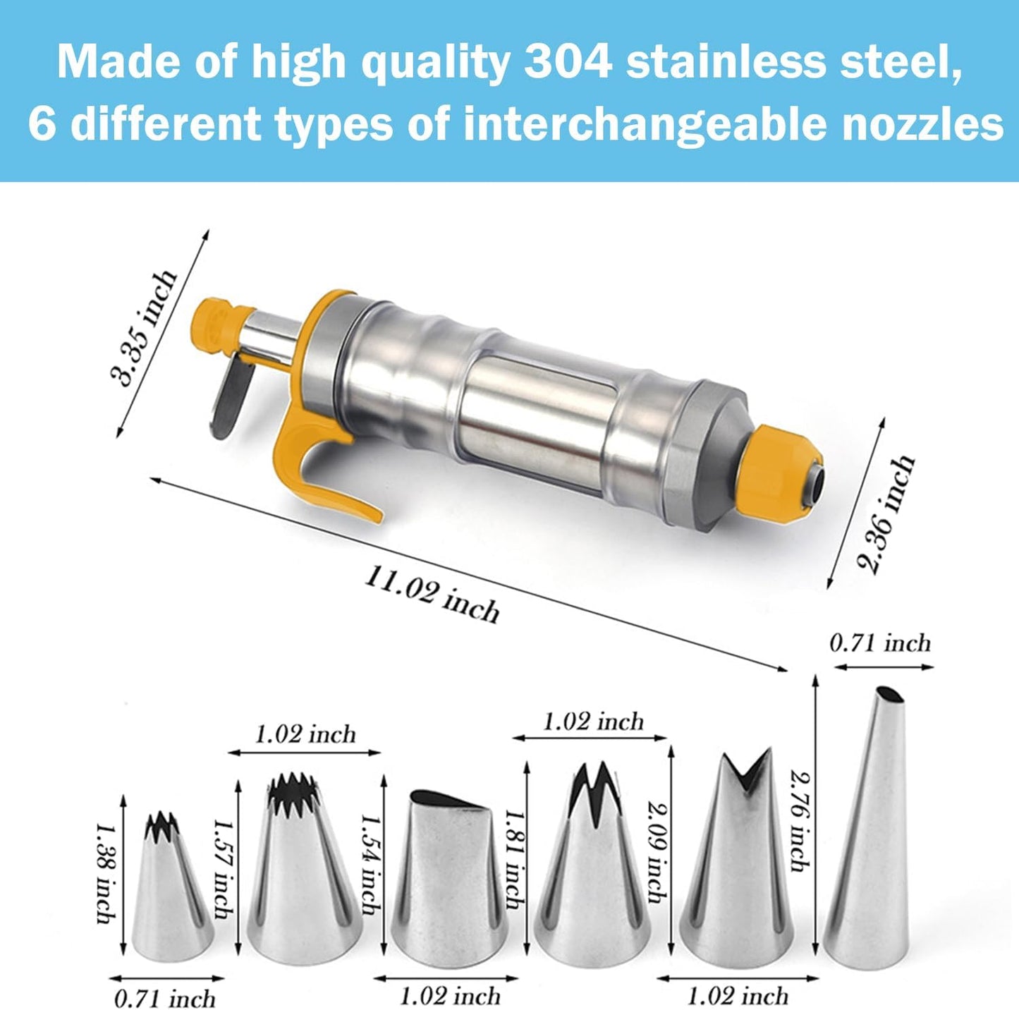 Hendiy Dessert Decorating Syringe Set, Stainless Steels Cake Decorating Tools Icing Piping Kit Icing Gun Cupcake Frosting Piping Kit, Cake Piping Kit with 6 Icing Nozzles and 9 Cupcake Liners