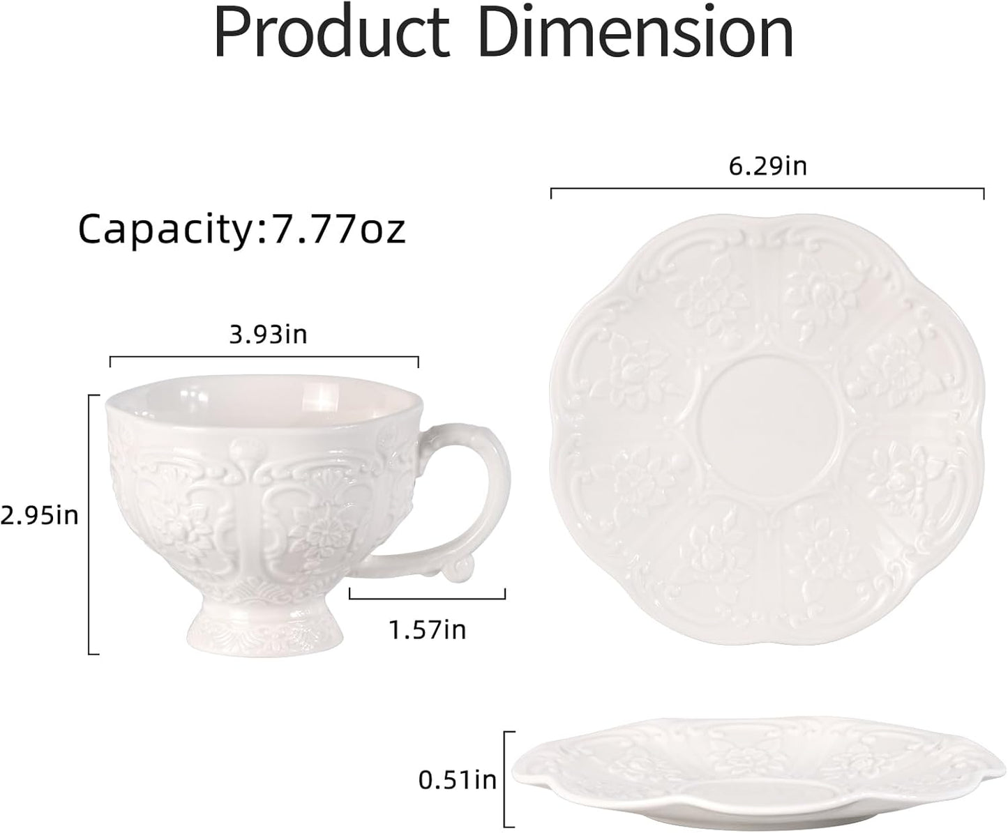 KAMMAK Tea Cups and Saucers Set of 2, Porcelain Coffee Cups, 7.8-Ounce Stackable Espresso Mugs, Ceramic Demitasse for Coffee, Latte, Americano, Tea, Britney