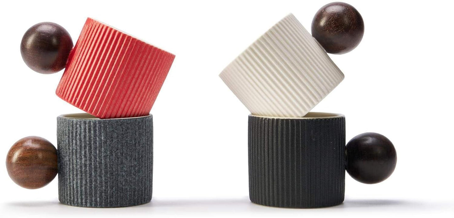 Ceramic Mini Espresso Cups Demitasse Cups with Round Wooden Handle Vertical Stripes Tea Cups (black, 2pcs)