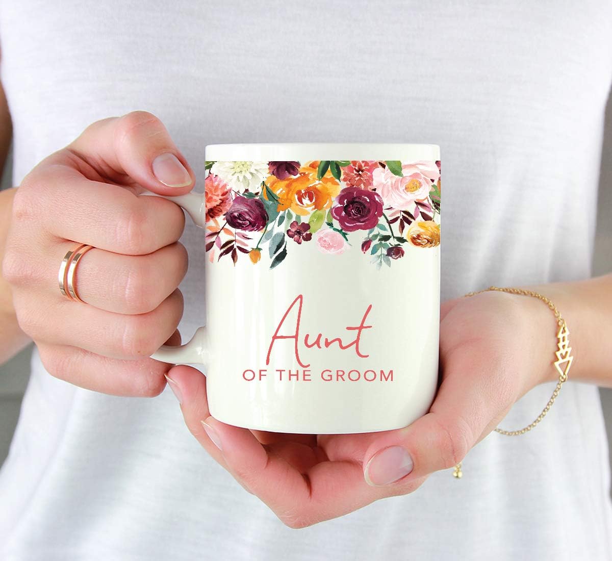 Andaz Press 11oz. Wedding Ceramic Coffee Tea Mug Gift, Fall Autumn Burgundy Orange Peach Flowers Roses Florals, Aunt of the Groom, 1-Pack, Includes Gift Box