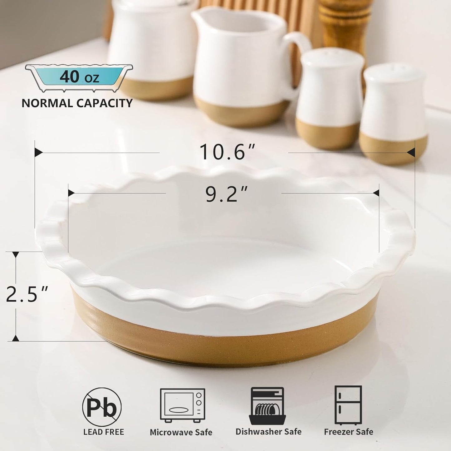 Hasense Ceramic Pie Pan, 9 Inch Quiche Pie Dish for Baking, Apple Pie, Tart, and Cake, Farmhouse White Round Baking Dish, Microwave & Oven Safe, Ideal Gift for Kitchen