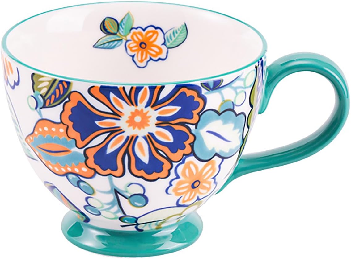 Vintage Flower Mugs β Large Ceramic Coffee Mug (15oz) β Cute Cereal Cup for Breakfast, Oatmeal Tea & Hot Drinks β Handmade Ceramic Cup with Floral Design