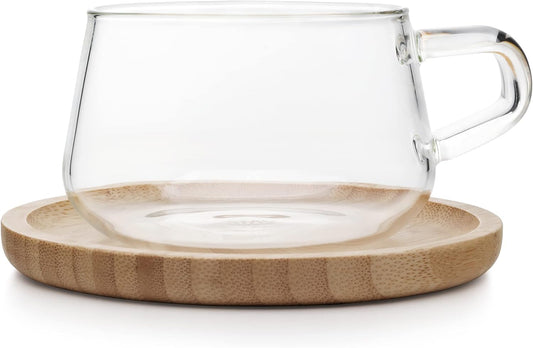 VIVA Classic Glass Coffee Mug or Tea Cup and Saucer Made of Bamboo Wood - 9 oz / 250ml - Perfect for Cappuccinos, Macchiatos, and lattes