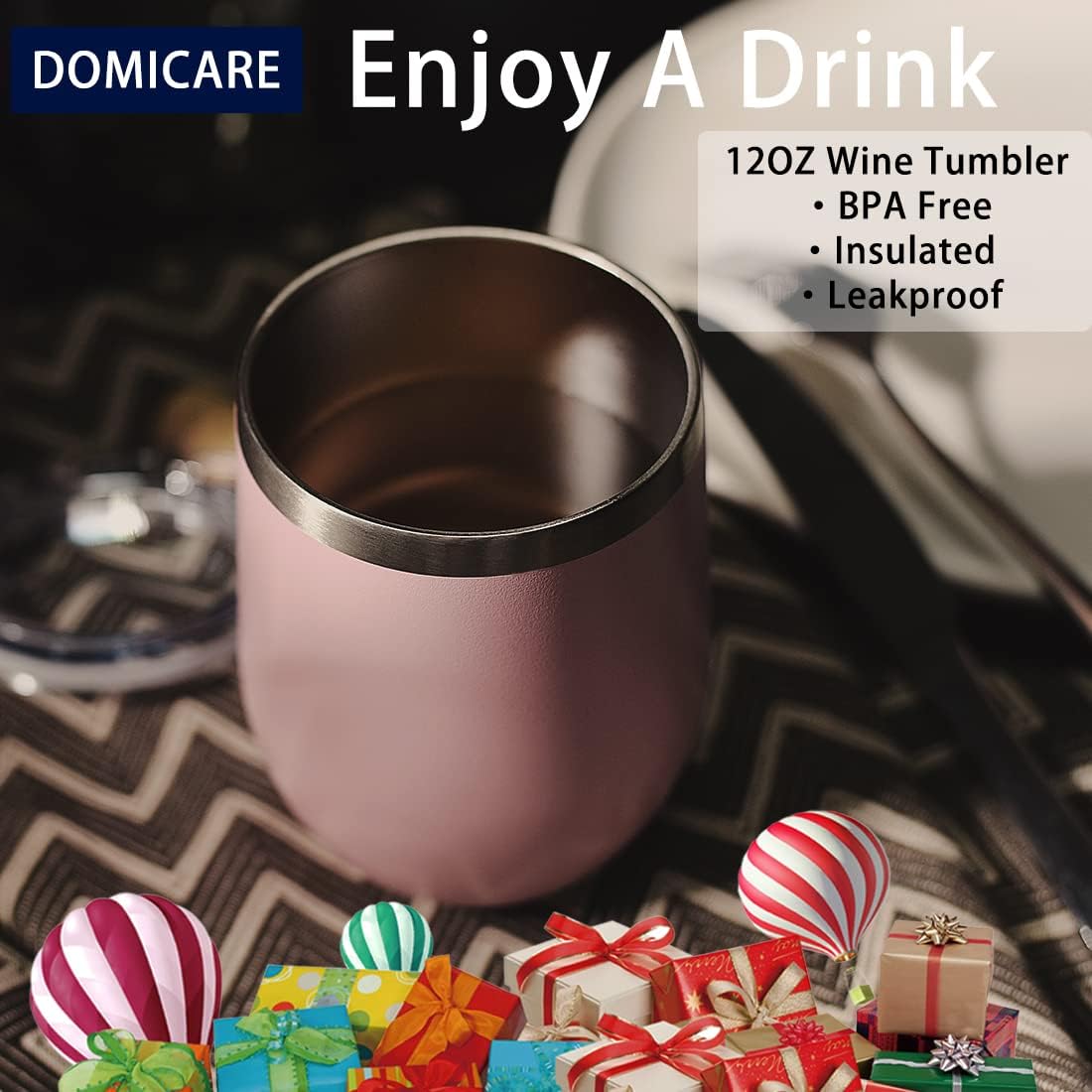 DOMICARE Stainless Steel Wine Tumbler Bulk with Lid, Personalized Insulated Tumblers Set, 12oz Travel Coffee Cups Pack of 12, Pink