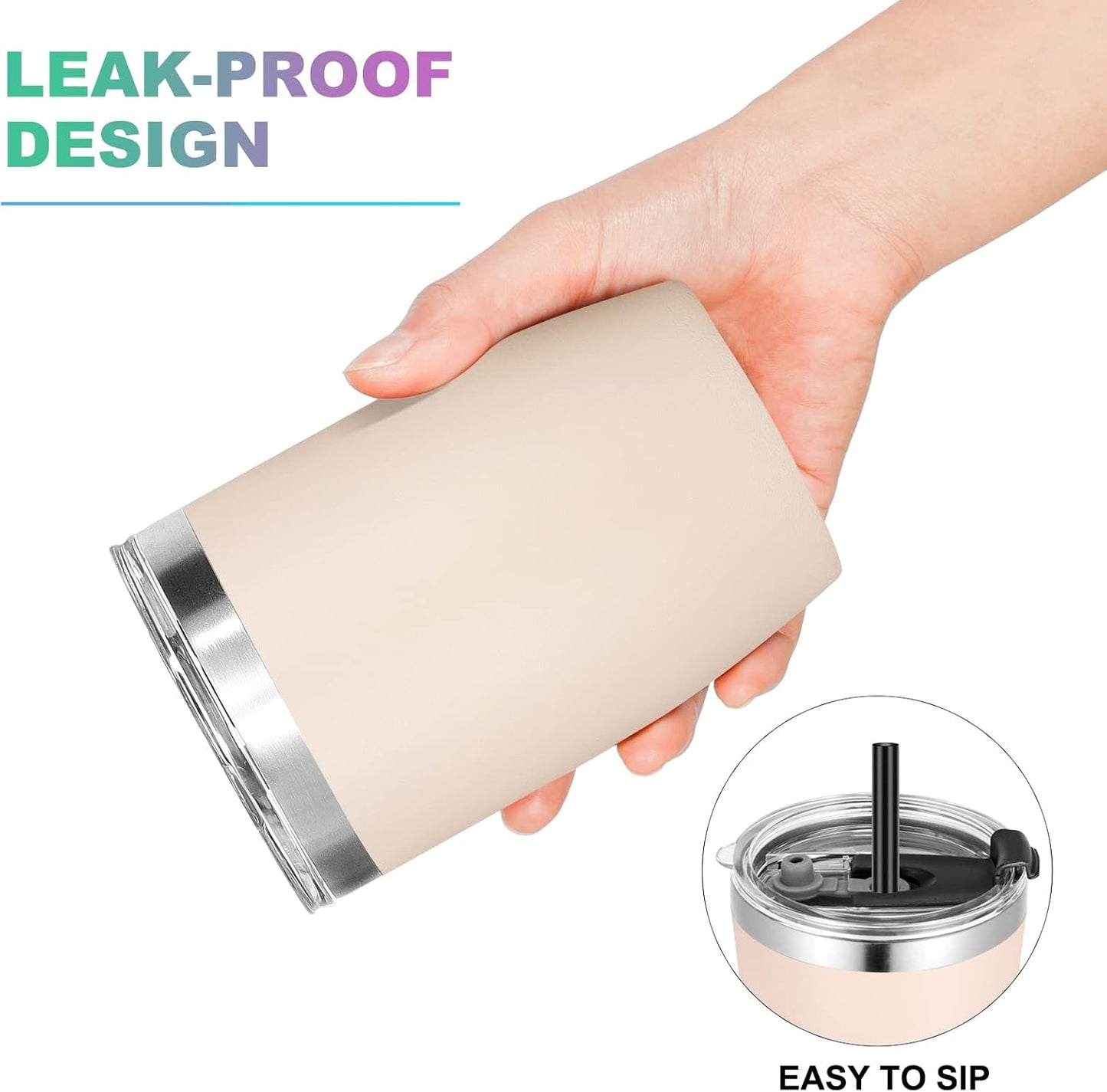 VEGOND Stainless Steel 12 oz Tumblers bulk Vacuum Insulated Double Wall Travel Tumbler with Lid and Straw Reusable Tumbler, Beige 1 Pack