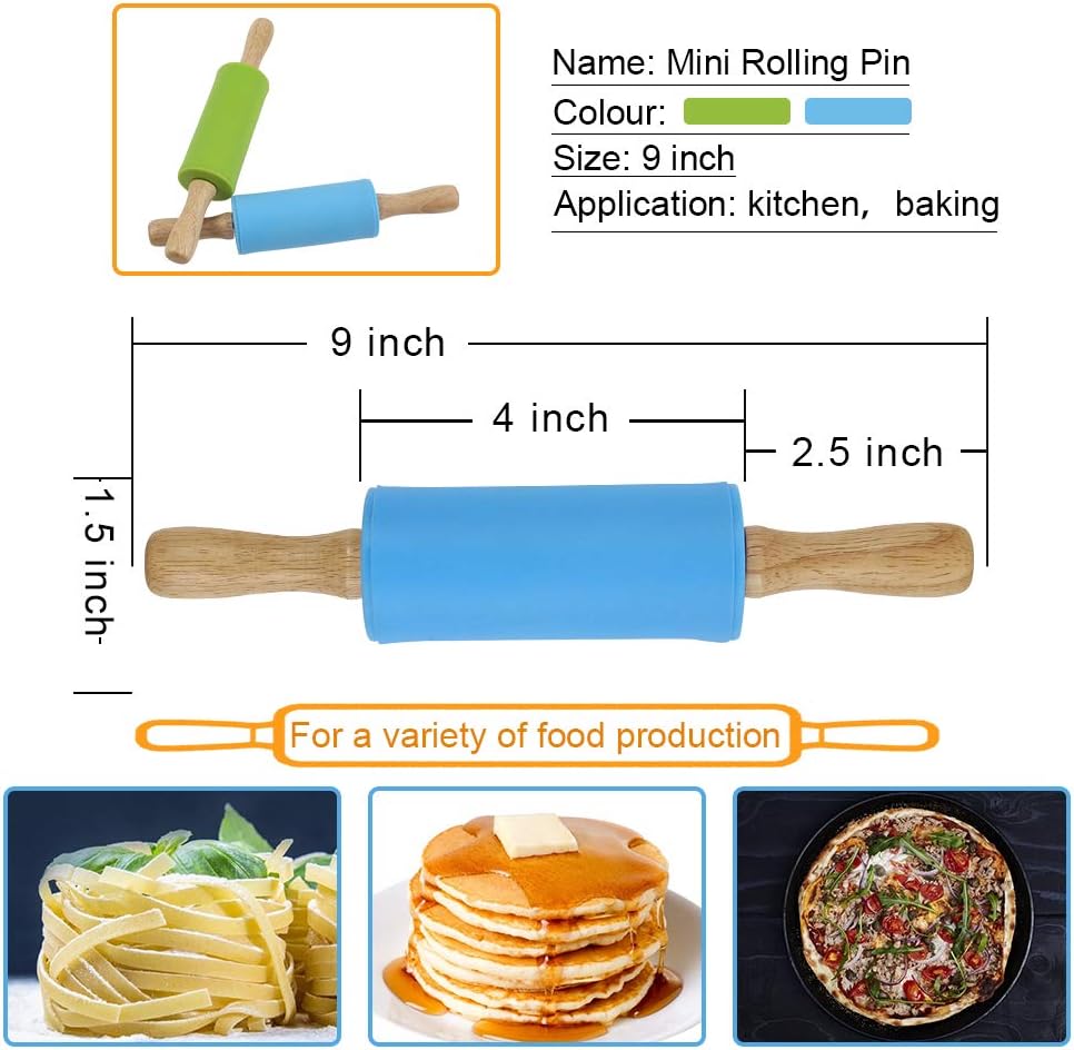 Koogel 9 Inch Mini Kids Rolling Pin, 2 Pcs Small Rolling Pin Handle for Home Kitchen Children Cake