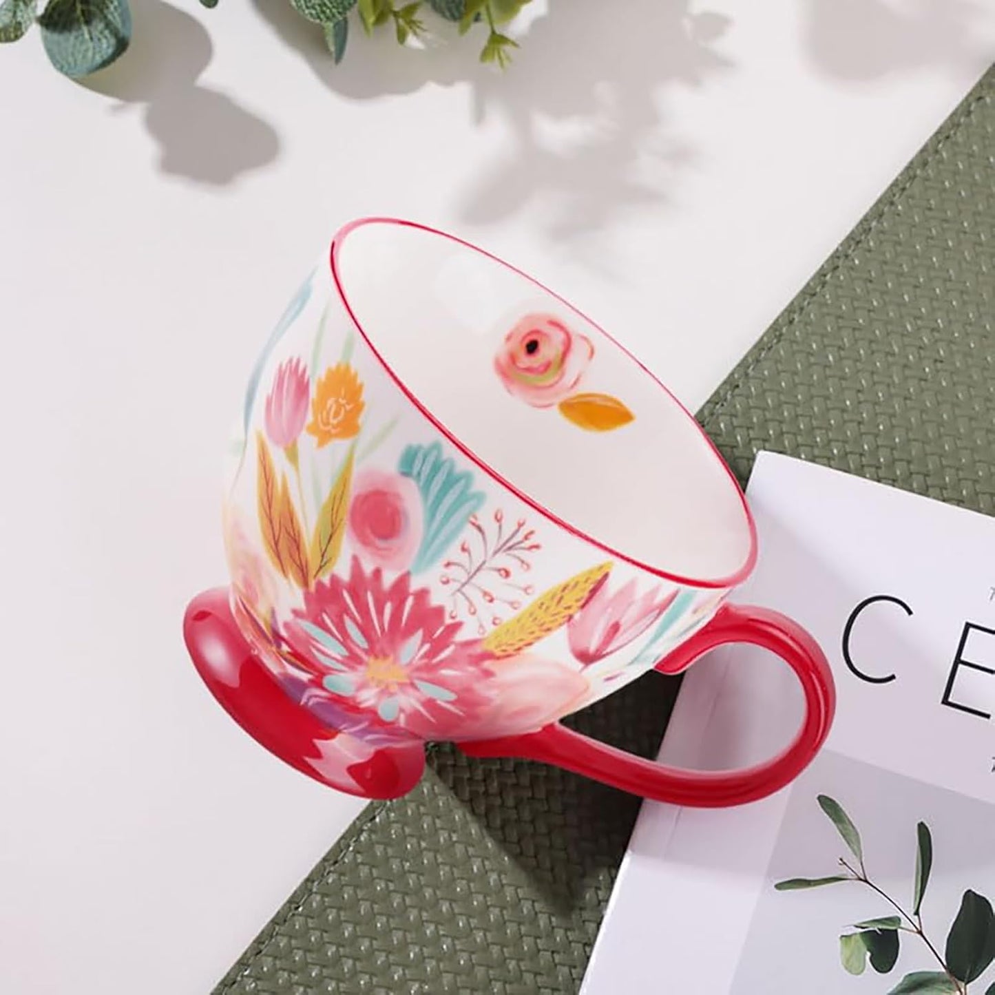 Vintage Flower Mugs β Large Ceramic Coffee Mug (15oz) β Cute Cereal Cup for Breakfast, Oatmeal Tea & Hot Drinks β Handmade Ceramic Cup with Floral Design