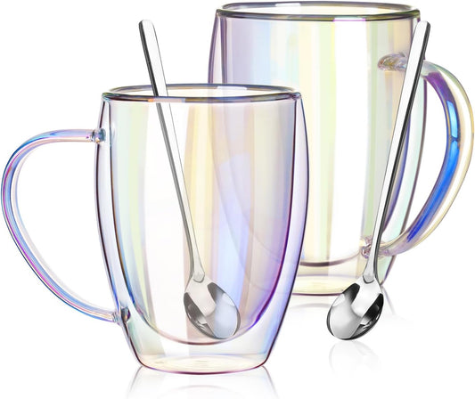 Double Walled Glass Coffee Mugs 12 OZ, Set of 2 Iridescent Glass Cups With Handle Perfect for Espresso, Cappuccino, Latte, Americano, Tea Bag, Beverage