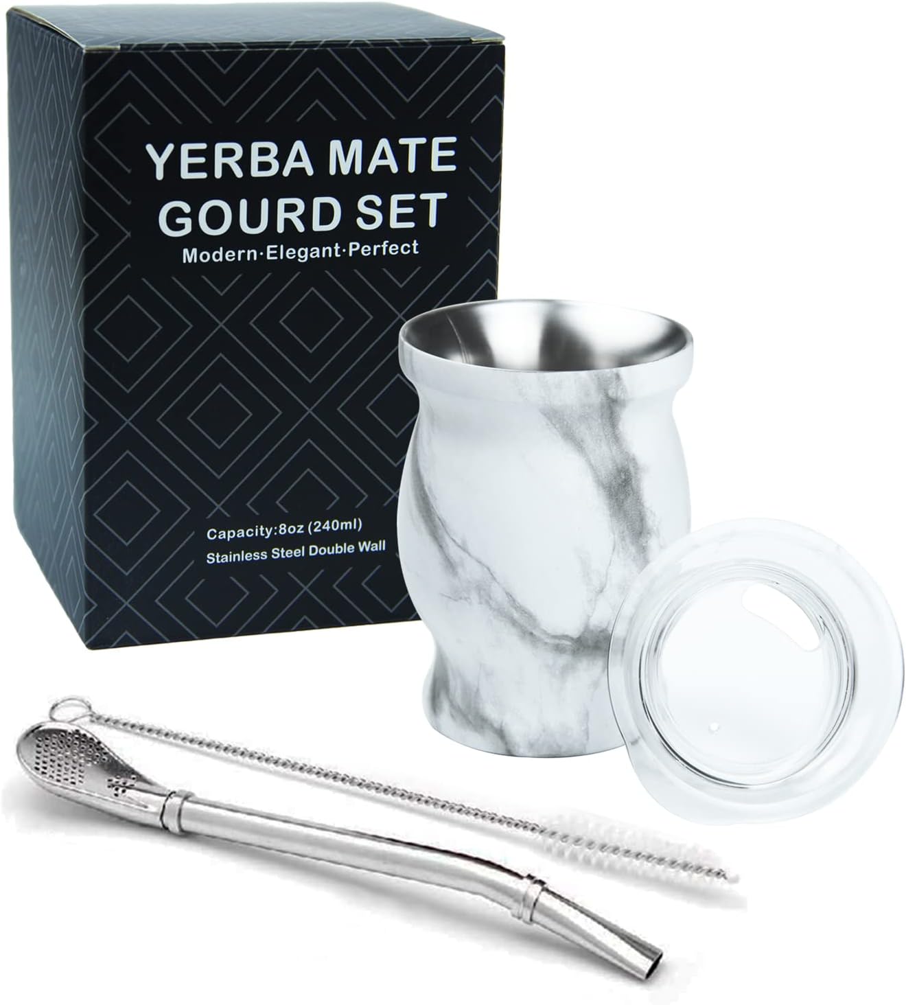 LA FEE Yerba Mate Natural Gourd/Tea Cup Set Brown (Original Traditional Mate Cup - 8 Ounces),Includes Yerba Mate Straw & Cleaning Brush,Stainless Steel | Double-Walled | Easy to Clean (White)