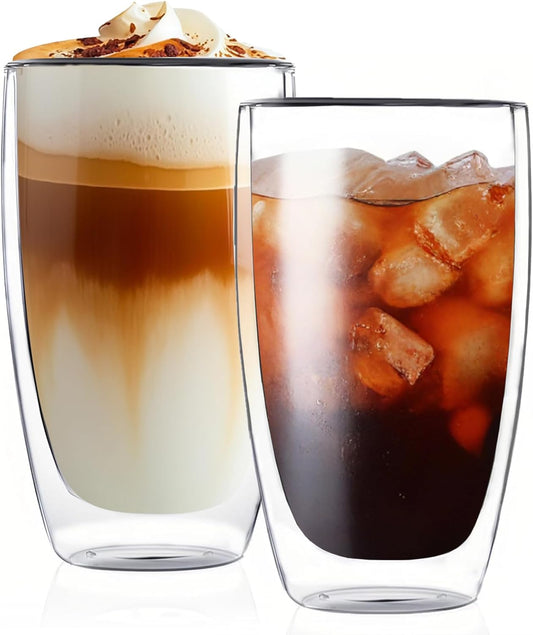 Glass Coffee Mugs Set of 2, Insulated Thermal Cups 15.2oz, Double Wall Clear Glass Coffee Cup for Tea/Juice/Milk, Latte Cappucino Espresso mug Glassware Gift for Christmas Birthday