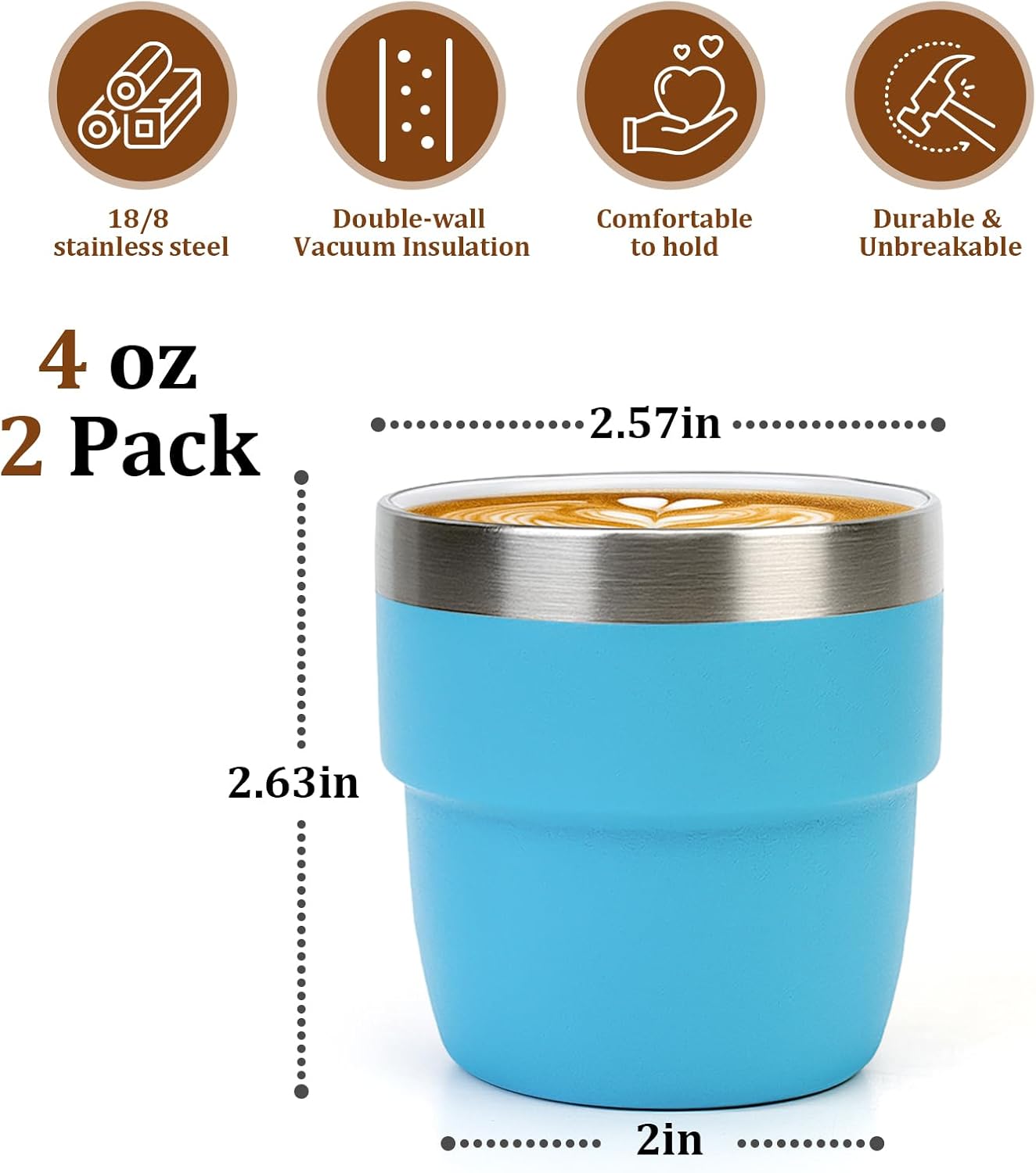 Zenbo 4 oz Espresso/Coffee Cups Set of 2, Ceramic-Lined Double Wall Vacuum Insulated 18/8 Stainless Steel, Stackable & Dishwasher Safe, Space-Saving, Compatible with Most Espresso & Coffee Makers
