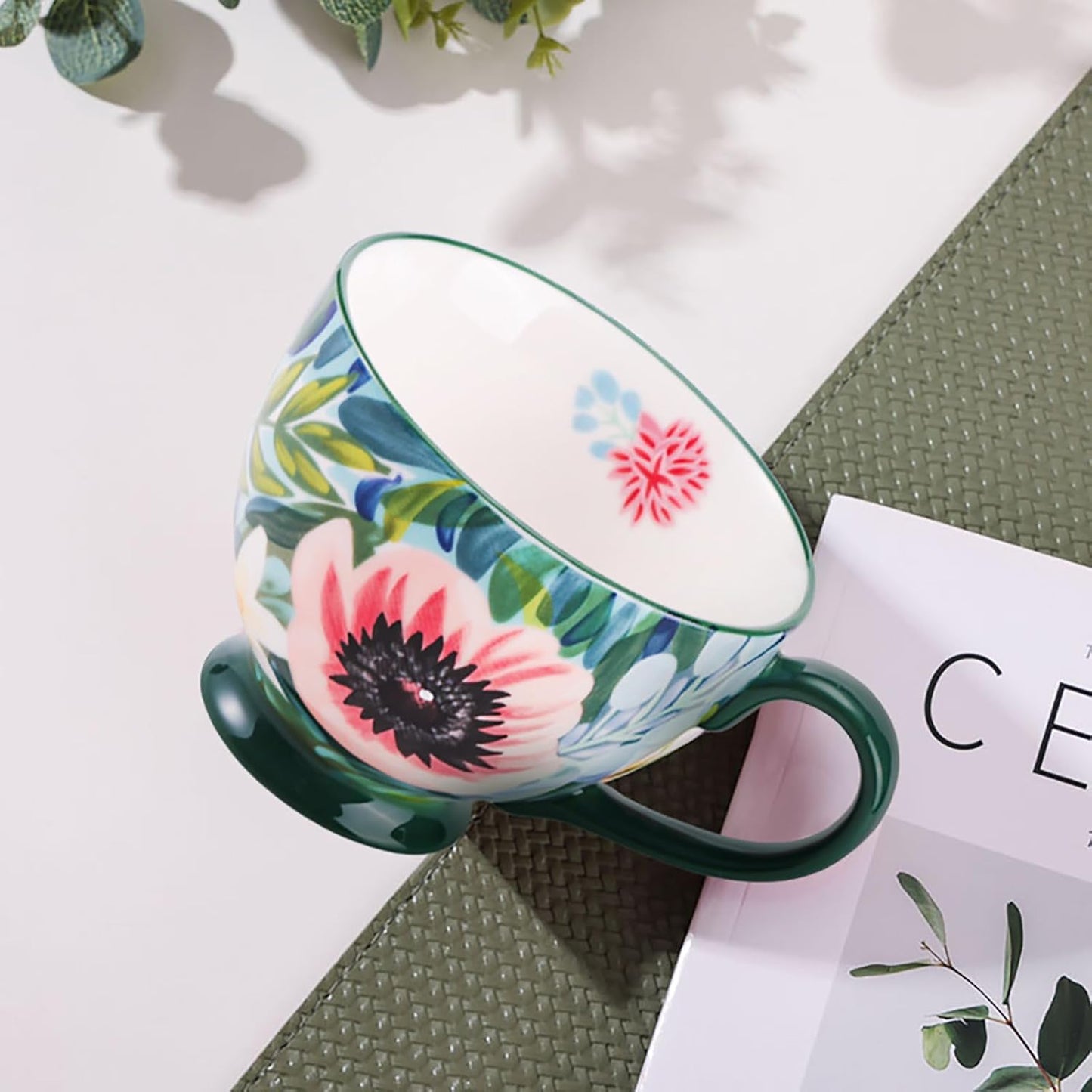 Vintage Flower Mugs β Large Ceramic Coffee Mug (15oz) β Cute Cereal Cup for Breakfast, Oatmeal Tea & Hot Drinks β Handmade Ceramic Cup with Floral Design