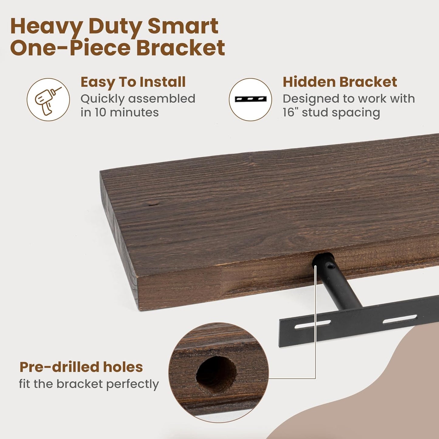 Floating Shelves for Wall Decor, Rustic Solid Elm Wood Live Edge Floating Shelves Wall Mounted, Wall Shelves with Invisible Bracket for Living Room Bathroom Bedroom Kitchen, 24 Inch Set of 2, Walnut