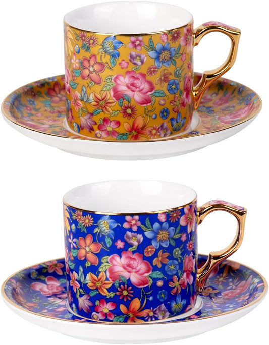 KAMMAK Tea Cups and Saucers Set of 2, Ceramic Coffee Cup with Saucer for Espresso, Cappuccino, 7oz Vintage Yellow and Blue Floral Porcelain Demitasse Mug for Home, Tea Party, Office