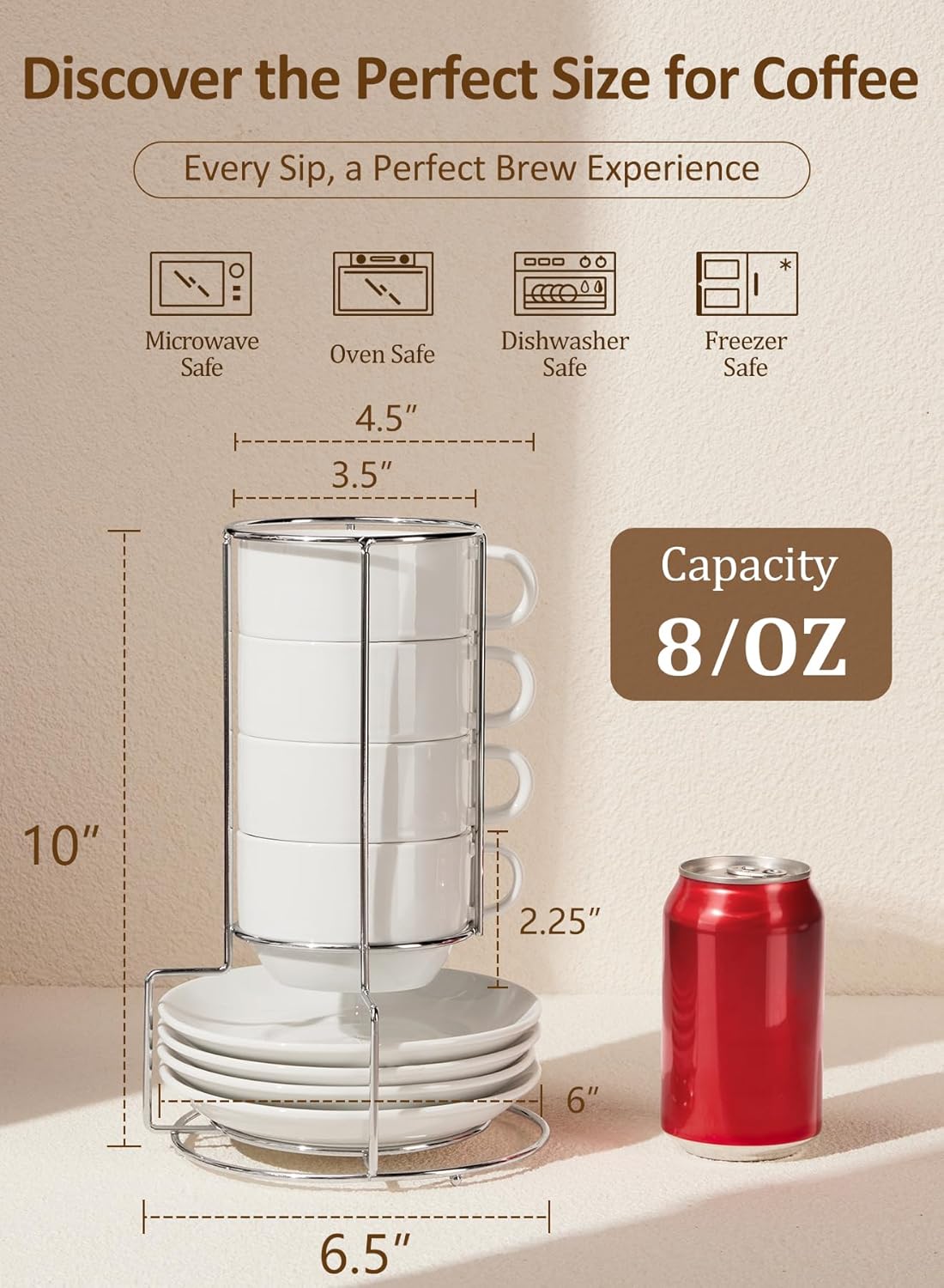 Yedio Porcelain 8 oz Coffee Cups with Saucers and Metal Stand, Porcelain Stackable Cappuccino Cups with Metal Stand, White, Set of 4