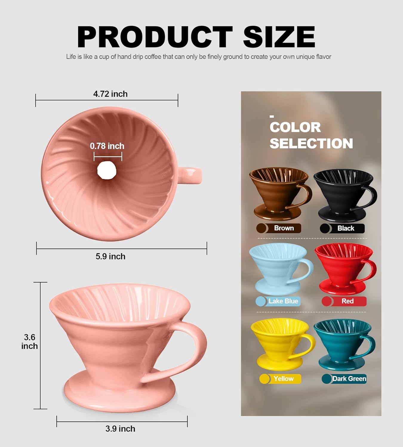 Pour Over Coffee Dripper - Ceramic Pour Over Coffee Maker Cone, Porcelain Coffee Drip, Pour Over Single Cup, Manual Brew Maker for Home, Cafe, Office - 1-4Cup, V60 Size 02 (Light Coral)