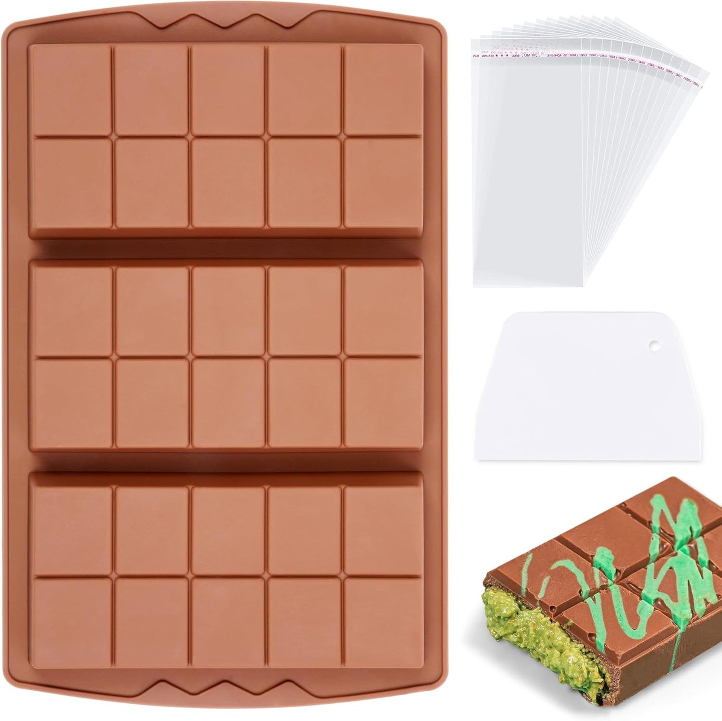 1 Pc Chocolate Bar Mold Deep Large Chocolate Molds Silicone Break Apart Thick Silicone Molds for Candy Bar, With 100 Pcs Bags and 1 Pc Scraper Set (10 Snap)