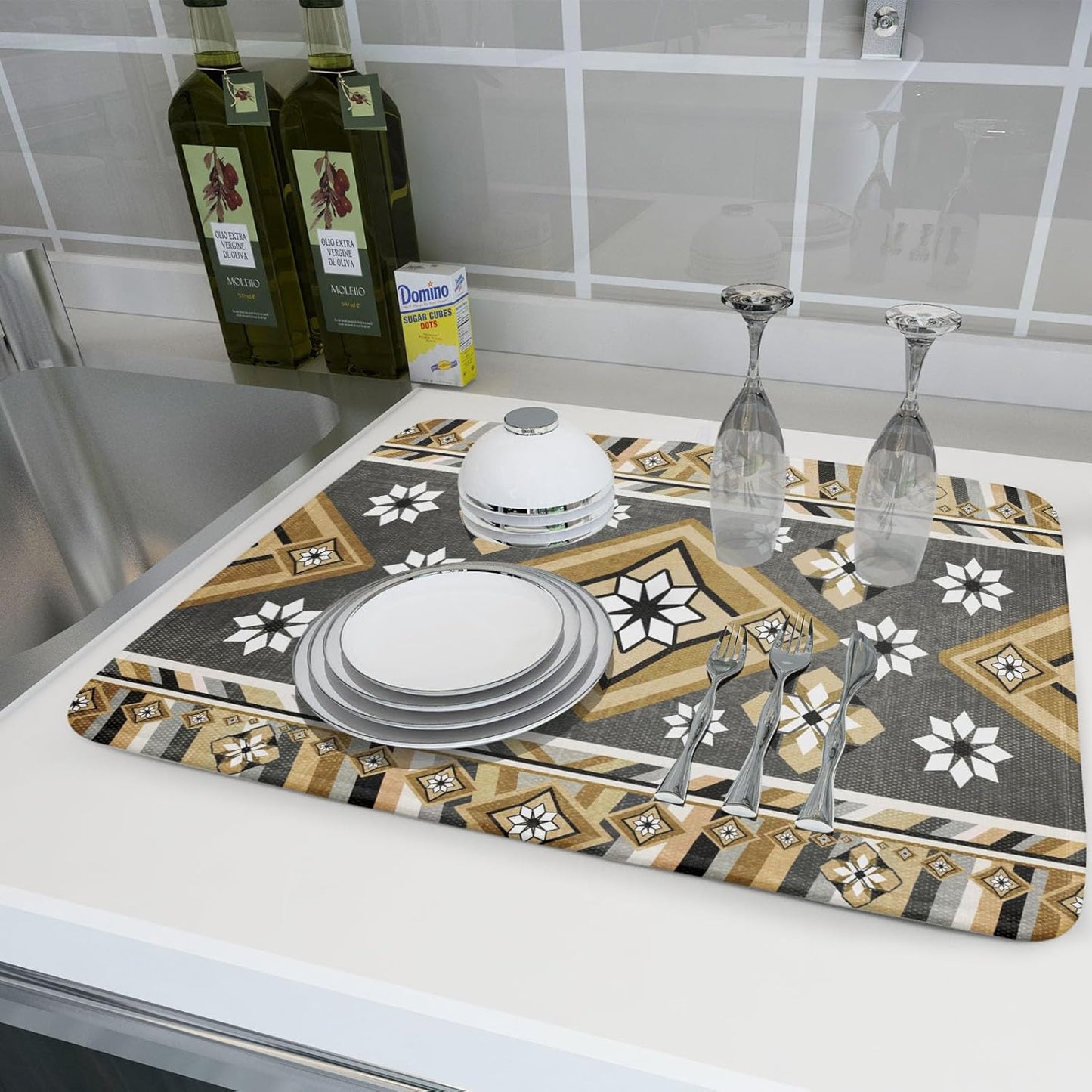 Boho Yellow Gray Aztec Dish Drying Mat for Kitchen Counter,Native American Tribal Aztec Ethnic Boho Style Drying Mat 18 x 24 Inch Microfiber Dish Drying Pad Dish Rack Pad Drainer Mat for Coffee Bar