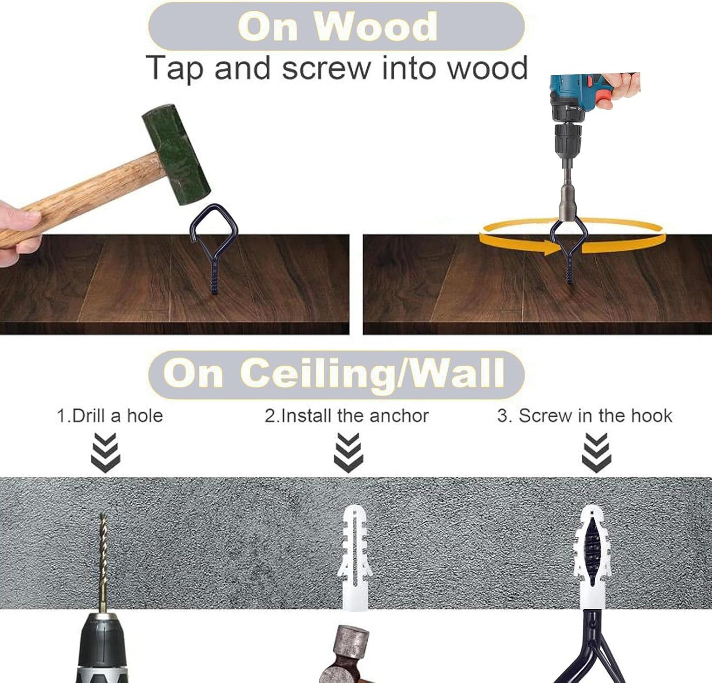 10PCS Eye Screw Hooks for Hanging Heavy Duty with Safety Buckle.Metal Ceiling Hooks for Hanging Plants,Cup,Wind Chime,Bird Feeders,String Lights at Indoor&Outdoor,2.36 Inches Black